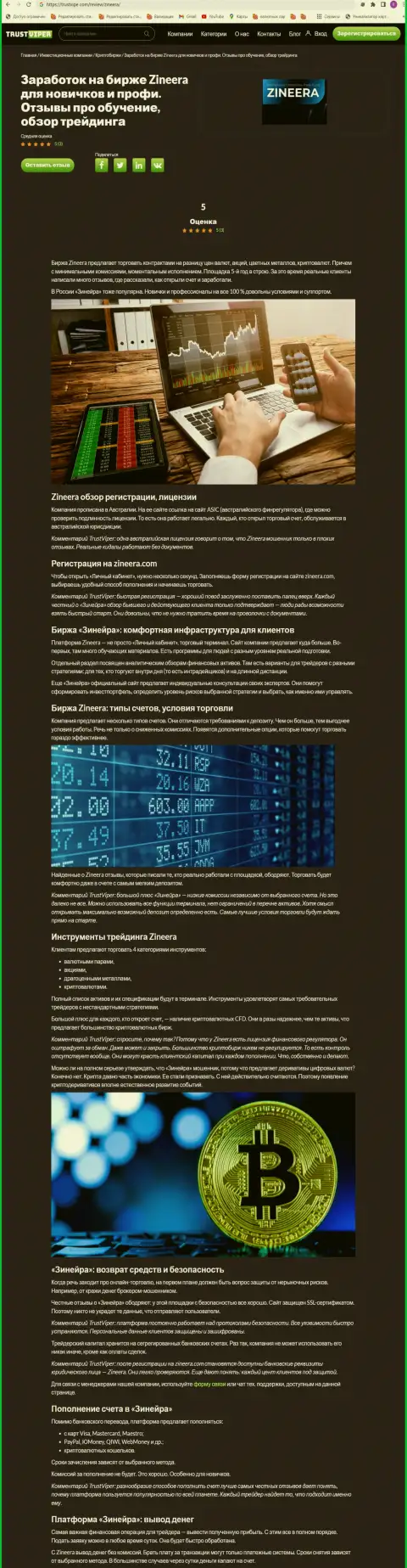 Обзор условий торгов криптовалютной дилинговой компании Зинейра Ком на интернет-сервисе Траствайпер Ком