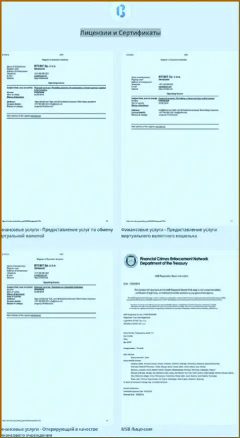 Лицензионные документы, а также сертификаты обменного пункта БТКБит