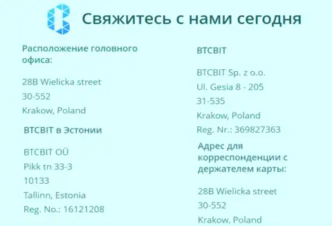 Официальный адрес онлайн обменки БТЦБит Нет и местонахождение представительского офиса online обменника в Эстонии, городе Таллине