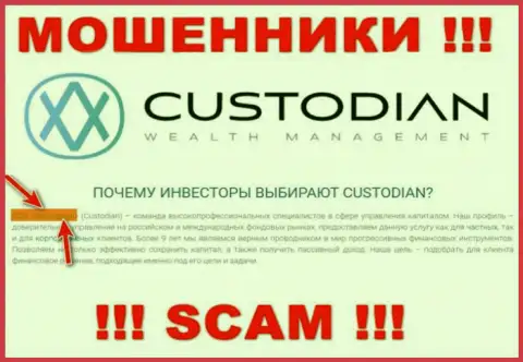 Юридическим лицом, управляющим кидалами Кустодиан, является ООО Кастодиан