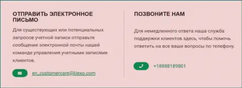 Номер телефона и адрес электронного ящика компании Kiexo Com